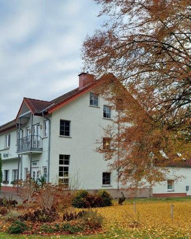 Seitliche Ansicht des Hotels Am Meilenstein mit Garten und bunten Blumen im Vordergrund